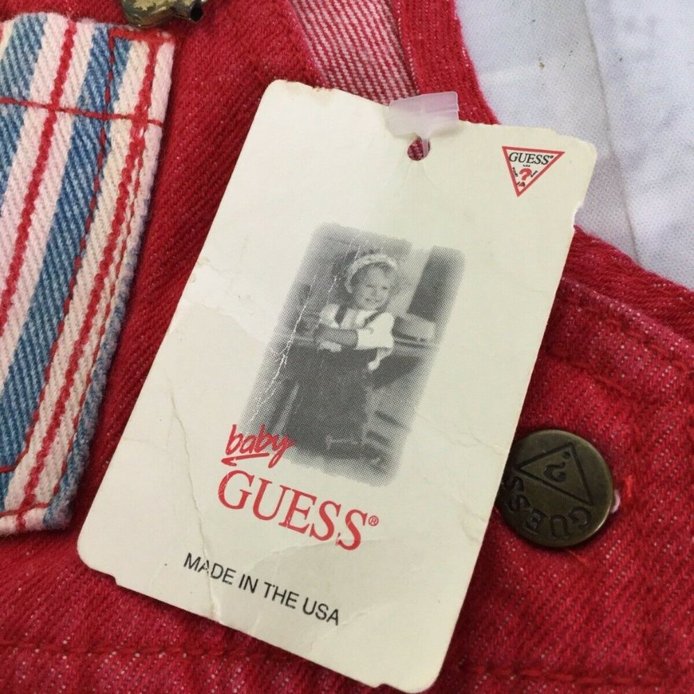 Vintage Baby Guess Denim Overalls Red 6 Months - Picture 7 of 12